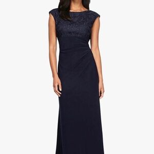 Alexa Evenings floral embroidered top drape back side ruched long dress